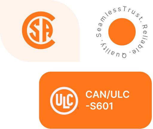 Safety and quality certifications for a fire alarm system, including ULC -S601 standard and a company's quality seal.