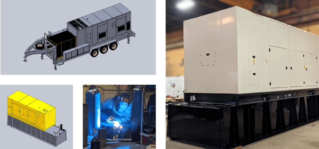 A collage of images related to the manufacturing of a large generator.