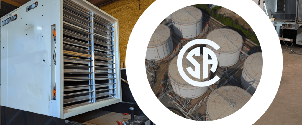 A white air handling unit with louvered panels on the left side, and on the right side, an aerial view of a storage tank facility with a circular logo that says "SA" inside.